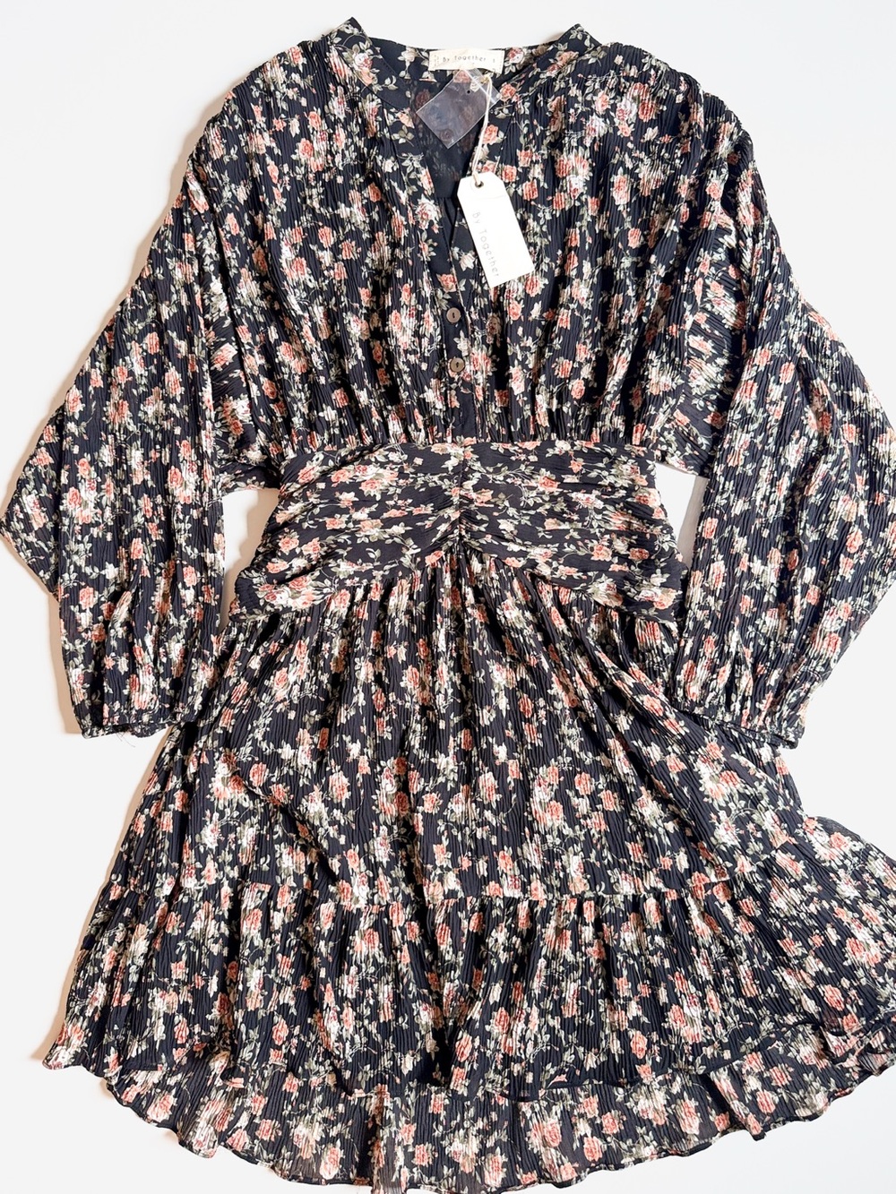 By Together Black Floral Mini Dress with Pink and Cream Roses